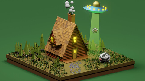 3D Model Scene Summer House with UFO