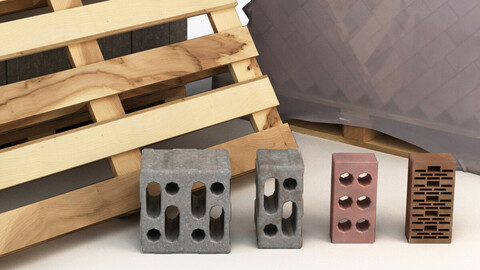 Set of bricks of different sizes and materials