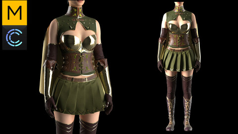 Women's Medieval Fantasy Elf Armor. Marvelous Designer, Clo3d project + OBJ/FBX files. Standard avatar MD&CLO.(9)