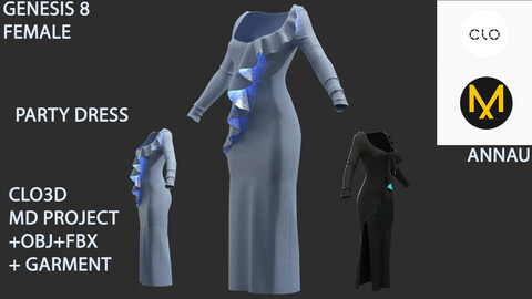 GENESIS 8 FEMALE: PARTY DRESS: SLIT DRESS WITH RYUSHA ON DECOLATE: CLO3D, MARVELOUS DESIGNER PROJECT+ GARMENT| +OBJ +FBX