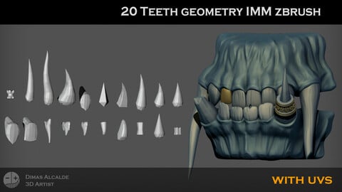 20 TEETH and FANGS imm ZBRUSH Brush! (Stylized meshes for OTHER softwares) {With Uvs}