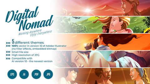 Digital Nomad Vector Illustrations, 5 different themes.