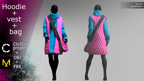 Clo3D project, Marvelous Designer. Hoodie, quilted vest and bag.
