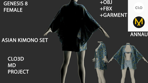 GENESIS 8 FEMALE: ASIAN KIMONO SET #2: CASUAL: CLO3D, MARVELOUS DESIGNER PROJECT+ GARMENT| +OBJ +FBX