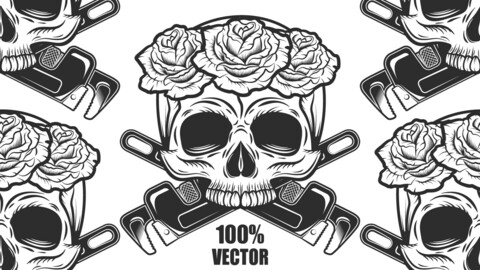 Vintage Skull With Rose And New Construction Crossed Wrenches Plumbing And Gas Pipes Monochrome Style 100% Vector Illustration