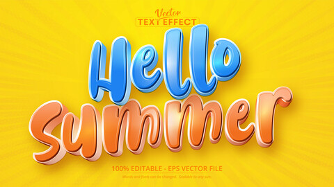 Hello summer text, cartoon style editable text effect