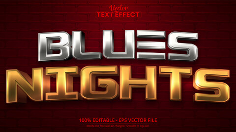 Blues nights text, shiny gold and silver color style editable text effect