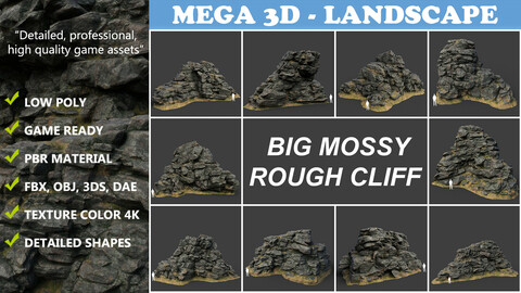 Low poly Big Mossy Rough Rock Cliff Collection 210323