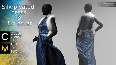 Clo3D project, Marvelous Designer. Silk pleated dress and fur collar.