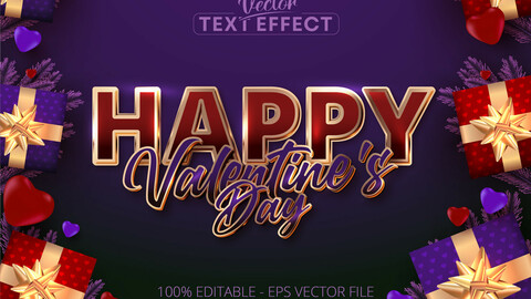 Happy valentine’s day text, shiny rose gold color style editable text effect on purple background