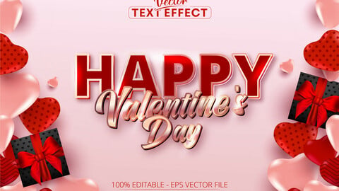 Happy valentine’s day text, shiny rose gold color style editable text effect on soft pink background