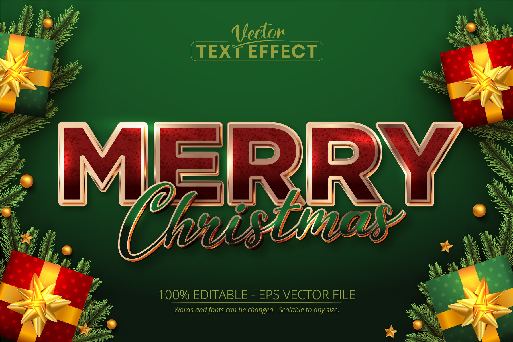 ArtStation - Merry christmas text, rose gold color style editable text