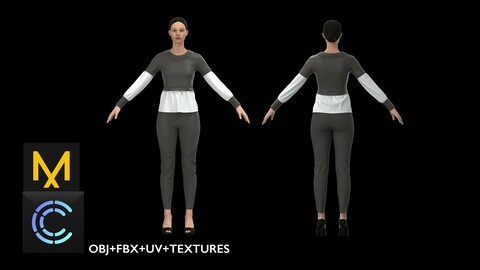Woman Outfit for Game. Marvelous Designer/ Clo3d project + OBJ + FBX+UV+Textures