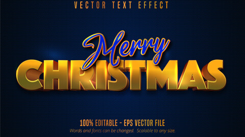 Merry Christmas text, shiny golden style editable text effect on blue color textured background