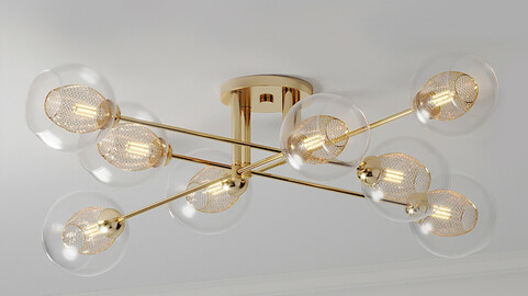 Mid Century 8 Light Radial Glass Gold Ceiling Light Pendant