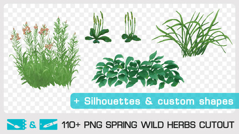 SPRING WILD HERBS CUTOUT - Traditional and numeric painting pack - 110+ PNG & FREE Silhouettes + Custom Shapes & 1 bonus PSD