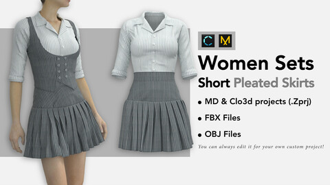 Women two Piece set with Short Pleated Skirt + FBX + OBJ + Zprj File