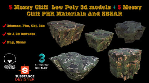 5 LOW POLY MOSSY CLIFF 3D MODELS + 5 MOSSY CLIFF  PBR MATERIALS AND SBSAR