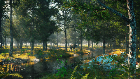 C4D Octane render Forest early morning tropical rainforest River elk scene