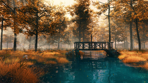 C4D octane Autumn forest river scene Primeval forest fog Outskirts Wilderness