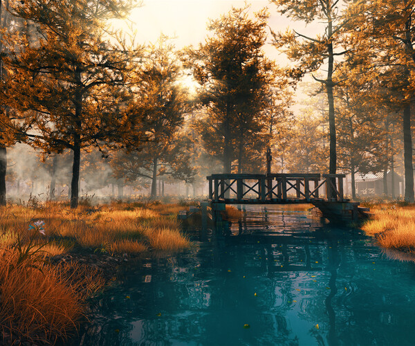 ArtStation - C4D octane Autumn forest river scene Primeval forest fog ...
