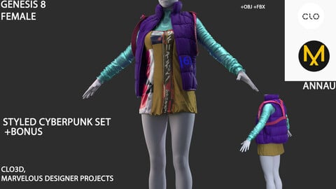 GENESIS 8 FEMALE: STYLED COLOR CYBERPUNK SET: CLO3D, MARVELOUS DESIGNER PROJECTS+| +OBJ +FBX