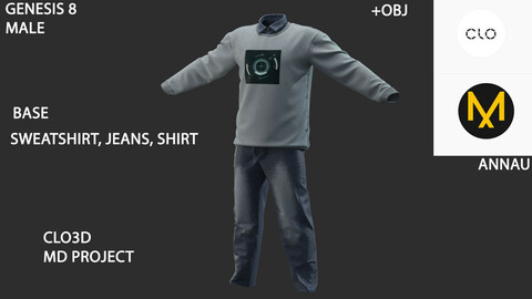 GENESIS 8 MALE: SWEATSHIRT, JEANS, SHIRT: CLO3D, MARVELOUS DESIGNER PROJECTS+|+OBJ