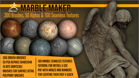 Marble Maker: 300 ZBrush Brushes, 50 Alphas, and 100 Seamless Textures