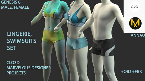 GENESIS 8 MALE, FEMALE: LINGERIE,  SWIMSUITS  SET: CLO3D, MARVELOUS DESIGNER PROJECTS| +OBJ +FBX