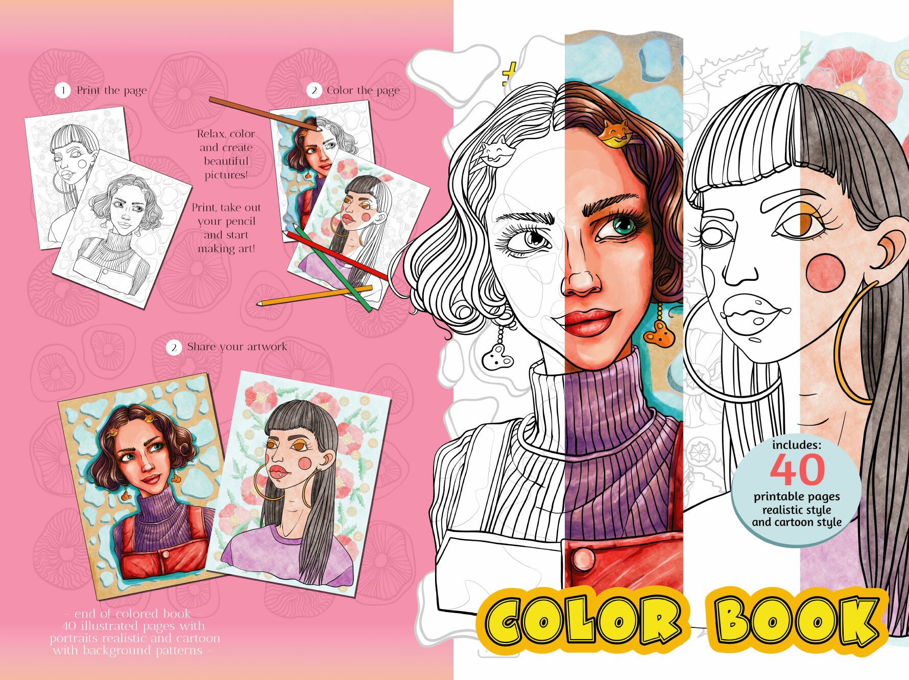 Color Book - portrait - realistic & cartoon style - 40 pages