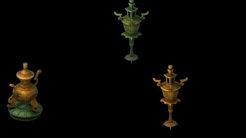 martial art bronze lamp and small incense burner