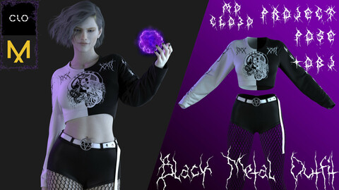 Marvelous designer/Clo3d Black Metal outfit (Shirts/Hoodie-top/Pantyhose) Zprj/Obj/Pose