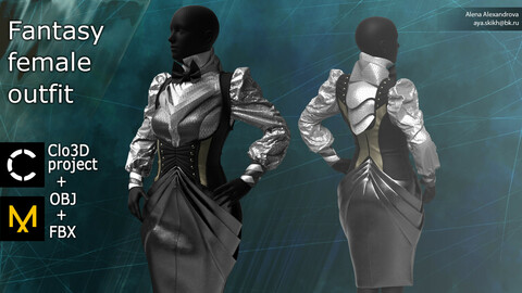 Fantasy female outfit. Blouse, skirt and corset. Clo3D project, Marvelous Designer.