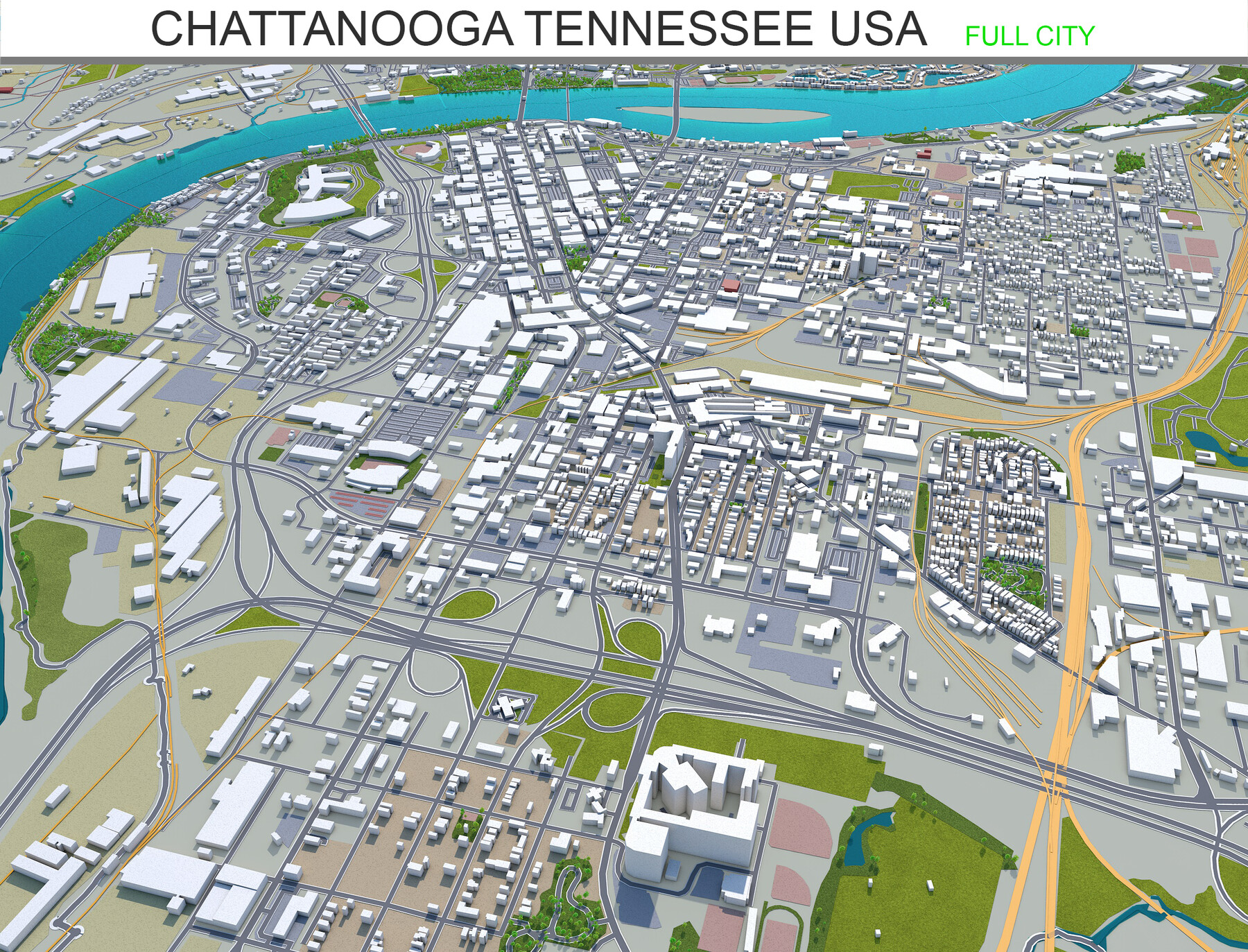 City Of Chattanooga Gis Artstation - Chattanooga City Tennessee Usa 3D Model 50Km | Game Assets