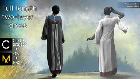 Full length two-layer dress. Clo3D project, Marvelous Designer.