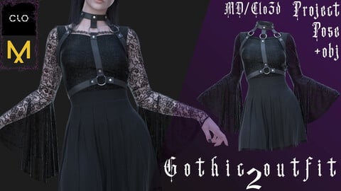 Clo3d/Marvelous designer Gothic outfit №2 (Dress/Harness/Underwear) Zprj/Obj/Pose 2x scaled