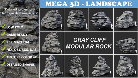 Low poly Gray Cliff Modular Rock Collection 210417