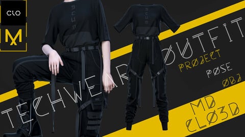 Clo3d/Marvelous designer Techwear female outfit (Pants, T-shirt) Zprj/Obj/Pose 2x scaled