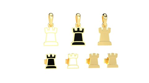 Rook pendant and earrings chess set 3D print model
