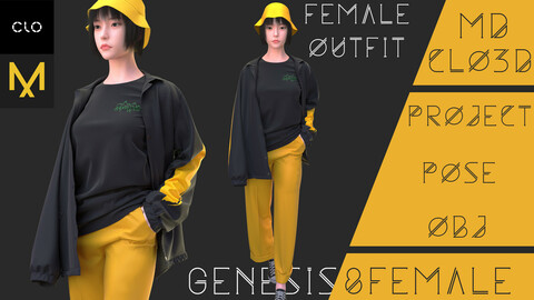 Clo3d/Marvelous designer Female outfit (Pants, T-shirt, Jacket) Zprj/Obj/Pose