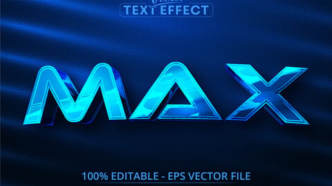 Max text, shiny blue chrome color style editable text effect