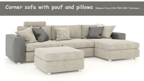 Corner sofa with pouf and pillows