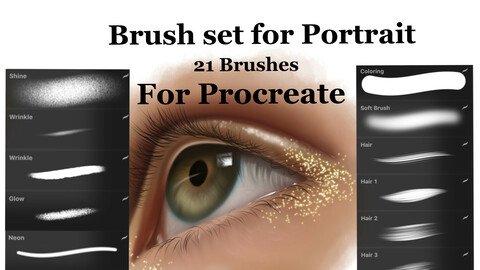 Brush set for portrait (21 brushes: coloring, hair, wrinkles, lashes & more) for Procreate