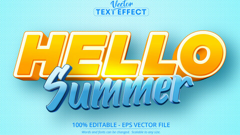 Hello summer text, cartoon style editable text effect