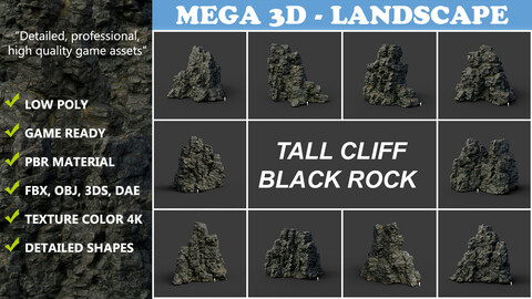 Low poly Tall Cliff Black Rock Collection 210502