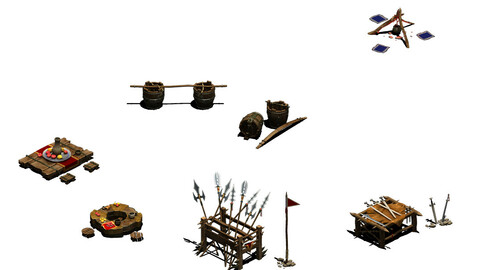 Bonfire - weapon rack - wooden barrels - tables and chairs