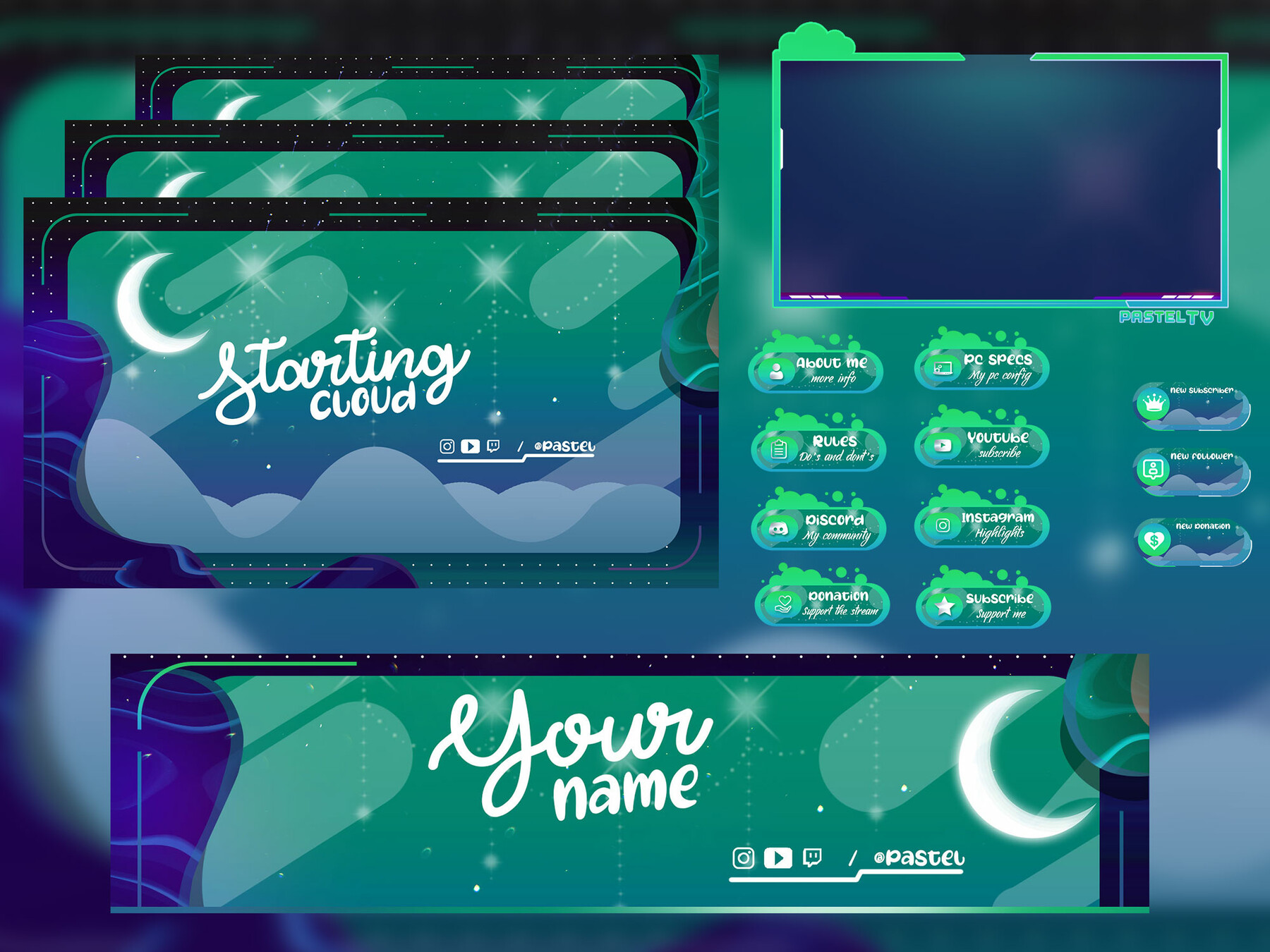 4 x Twitch Streaming Overlays | Midnight Moon Theme | Gaming Overlays |  Just Chatting | Game + Cam Bottom | Game + Cam Top |Full Screen Game