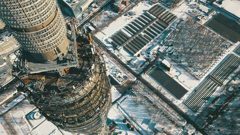 120+ Photos of the Ostankino TV tower, from a quadrocopter. Visible technical floor, antennas, spire, surrounding area.