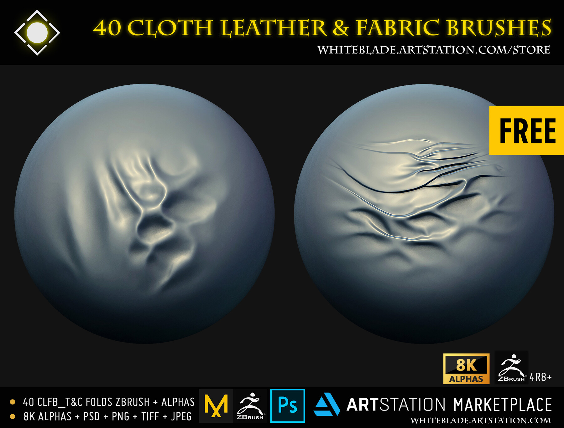 ArtStation - 40 Fabric Brushes - Tension & Compression Folds - 4K (VOL 04)