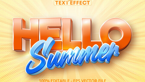 Hello summer text, cartoon style editable text effect